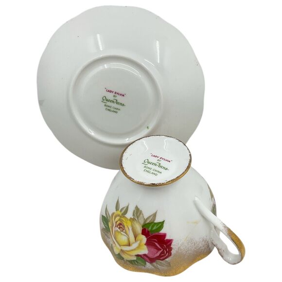 Lady Sylvia Queen Anne Teacup and Saucer Pink Yellow Red Rose Gold Gilt Trim - Picture 6 of 7